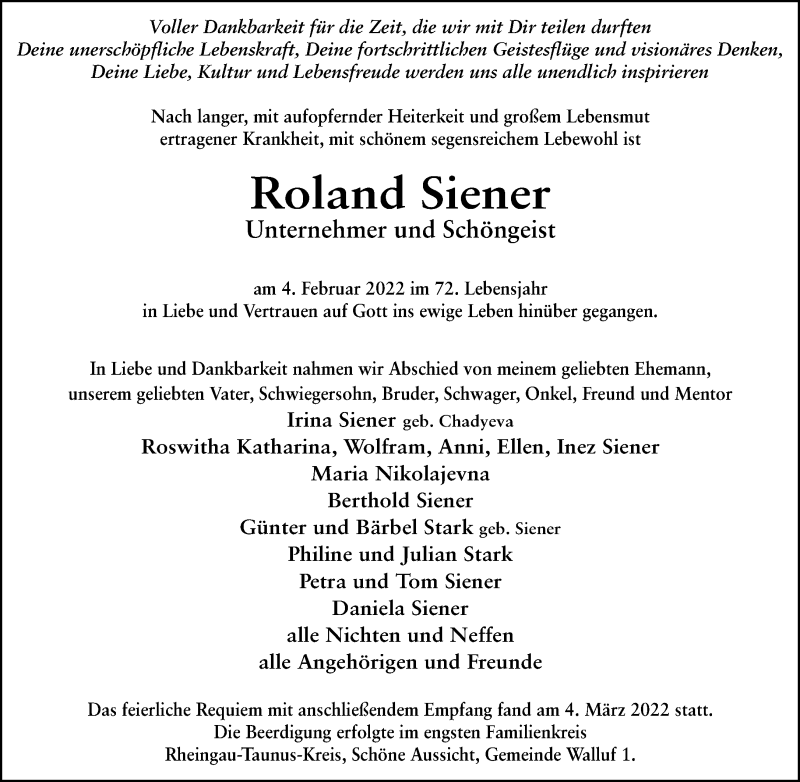  Traueranzeige für Roland Siener vom 23.04.2022 aus FNP