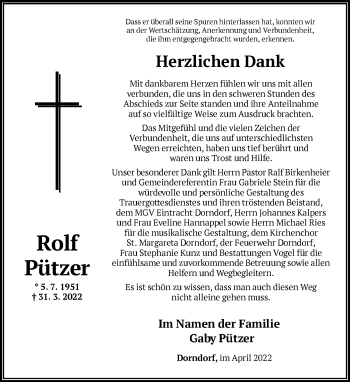 Traueranzeige von Rolf Pützer von FNP