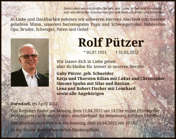 Traueranzeige von Rolf Pützer von FNP