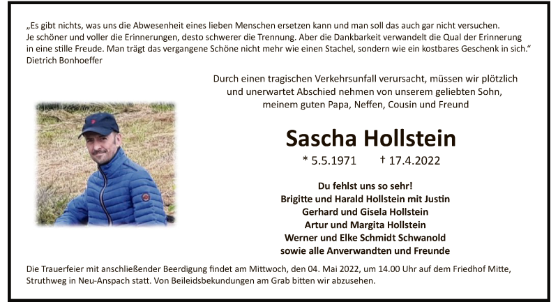  Traueranzeige für Sascha Hollstein vom 30.04.2022 aus FNP