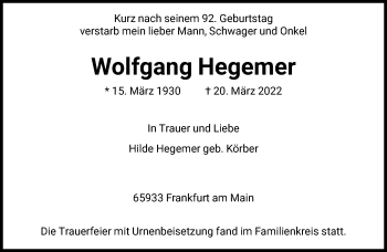 Traueranzeige von Wolfgang Hegemer von FNP