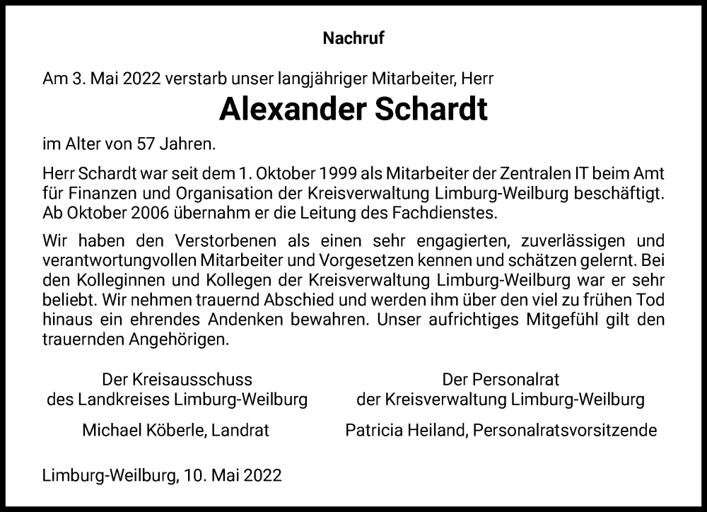  Traueranzeige für Alexander Schardt vom 10.05.2022 aus FNP