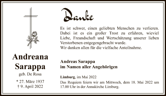 Traueranzeige von Andreana Sarappa von FNP