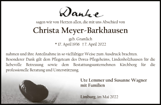 Traueranzeige von Christa Meyer-Barkhausen von FNP