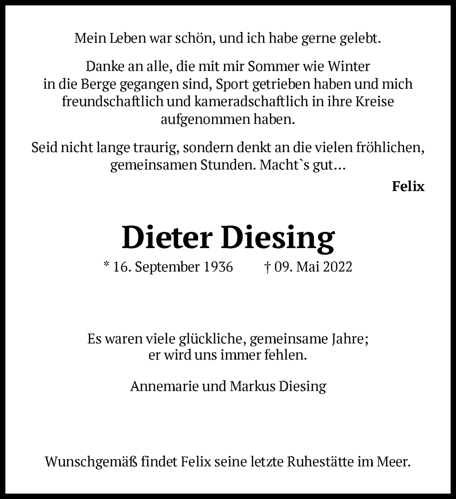  Traueranzeige für Dieter Diesing vom 14.05.2022 aus FNP