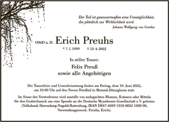 Traueranzeige von Erich Preuhs von FNP