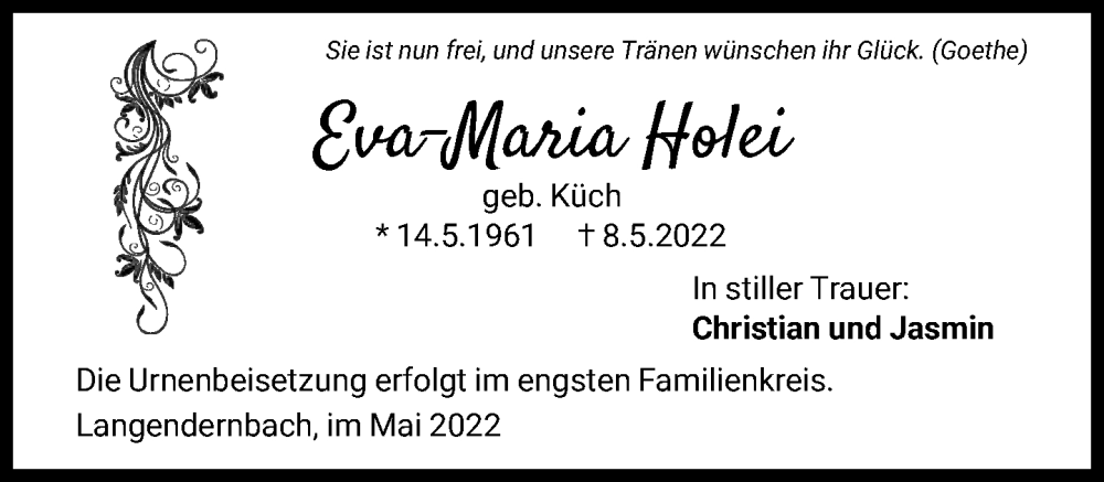  Traueranzeige für Eva-Maria Holei vom 14.05.2022 aus FNP