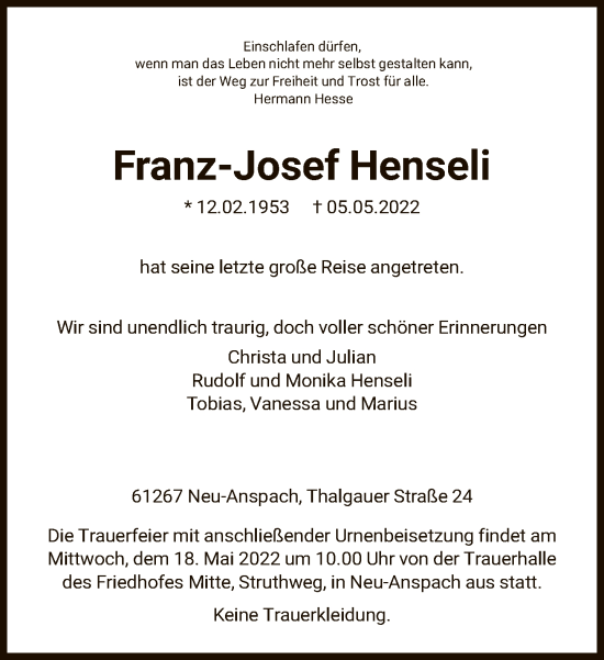 Traueranzeige von Franz-Josef Henseli von FNP