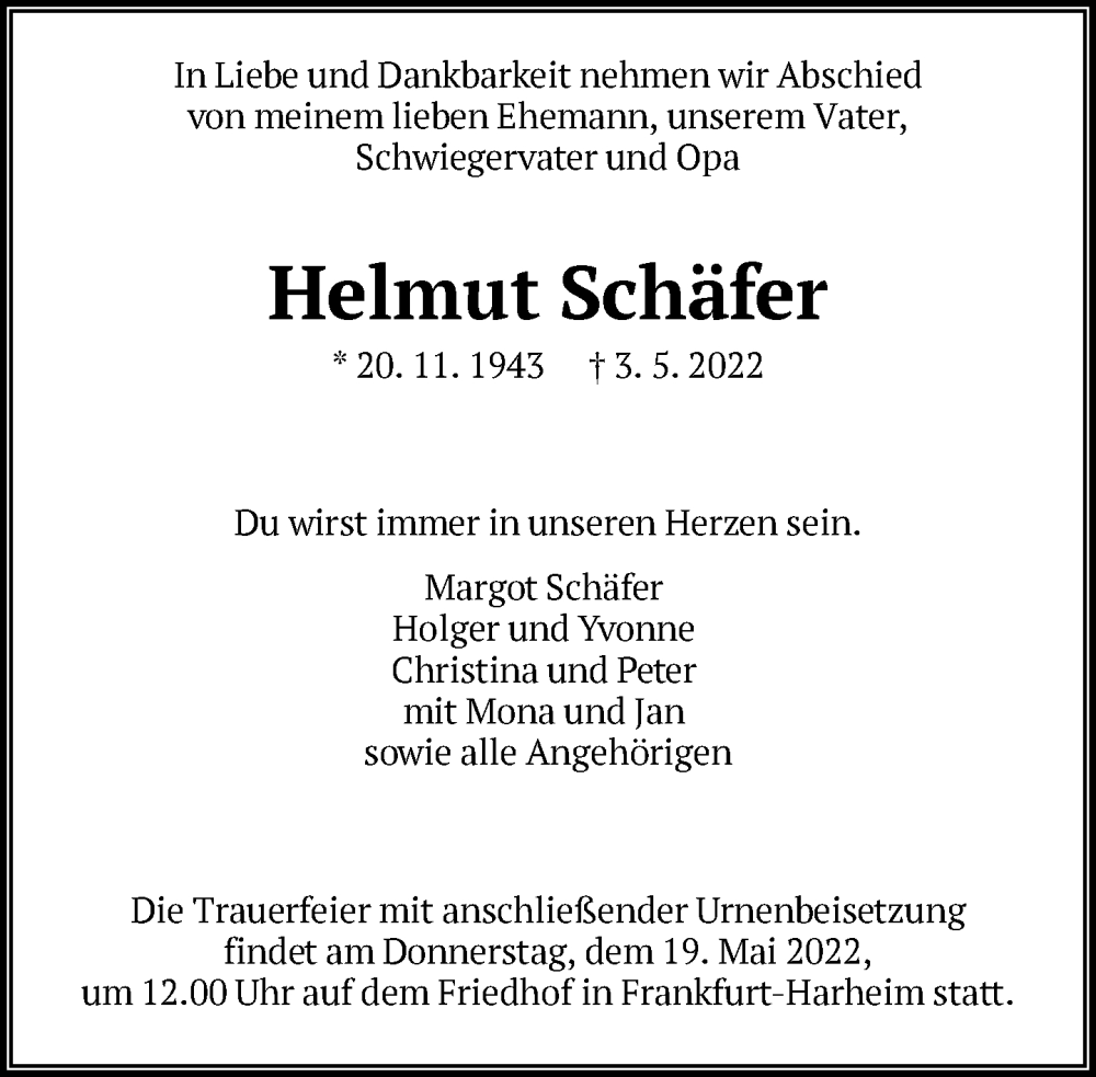  Traueranzeige für Helmut Schäfer vom 07.05.2022 aus FNP