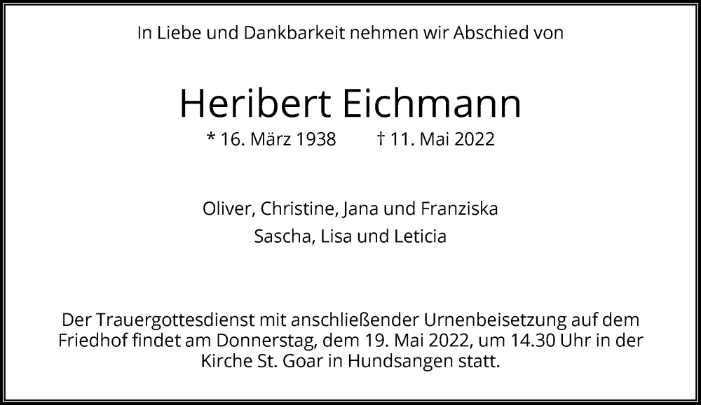  Traueranzeige für Heribert Eichmann vom 14.05.2022 aus FNP