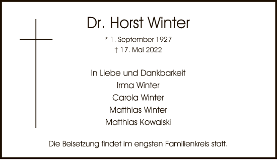 Traueranzeige von Horst Winter von FNP