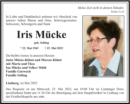 Traueranzeige von Iris Mücke von FNP