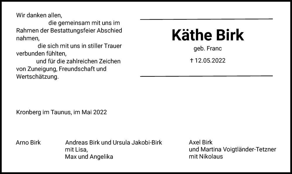  Traueranzeige für Käthe Birk vom 21.05.2022 aus FNP