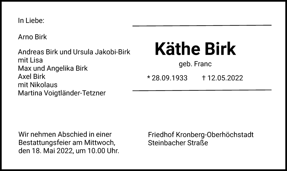  Traueranzeige für Käthe Birk vom 14.05.2022 aus FNP