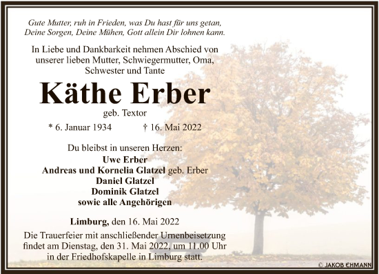 Traueranzeige von Käthe Erber von FNP