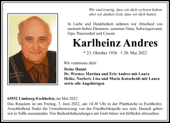 Traueranzeige von Karlheinz Andres von FNP