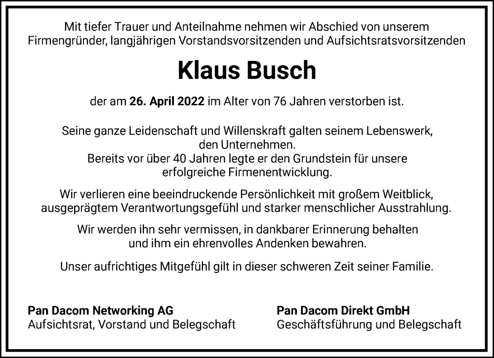  Traueranzeige für Klaus Busch vom 07.05.2022 aus FNP