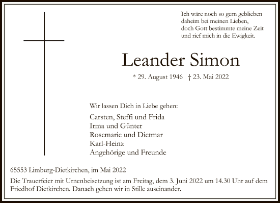 Traueranzeige von Leander Simon von FNP