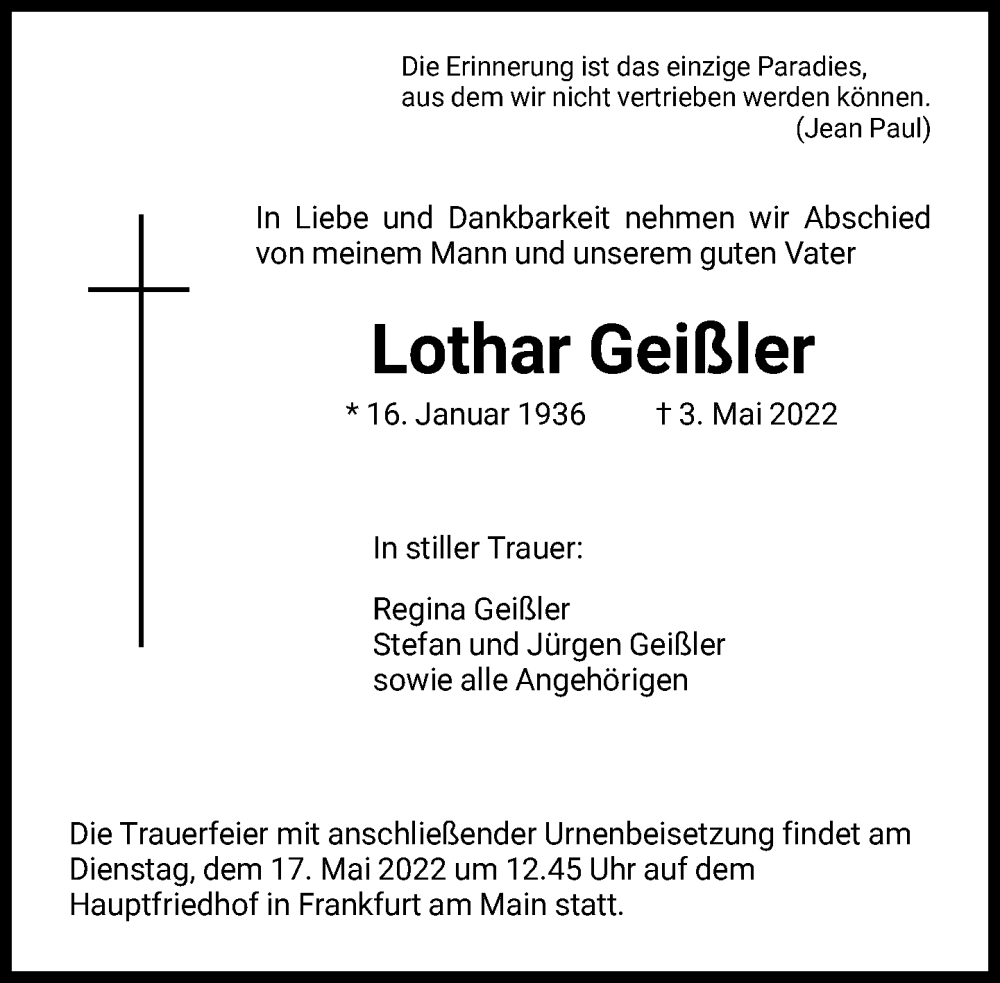  Traueranzeige für Lothar Geißler vom 10.05.2022 aus FNP