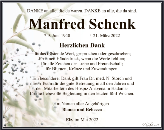 Traueranzeige von Manfred Schenk von FNP