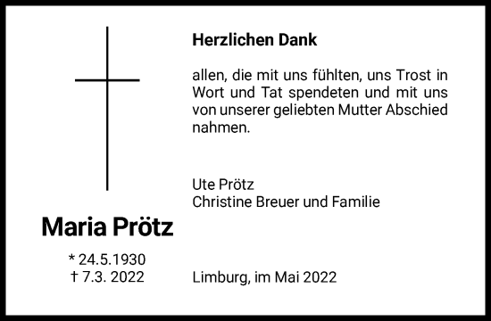 Traueranzeige von Maria Prötz von FNP