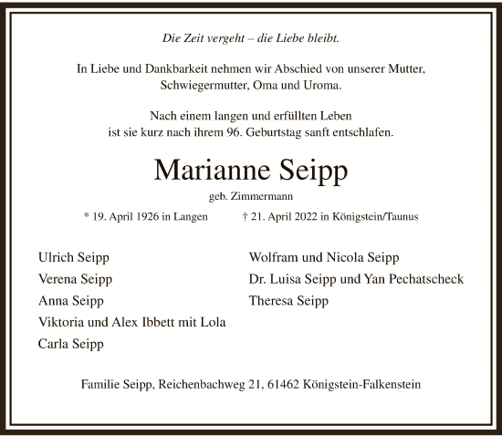 Traueranzeige von Marianne Seipp von FNP