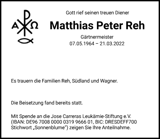 Traueranzeige von Matthias Peter Reh von FNP