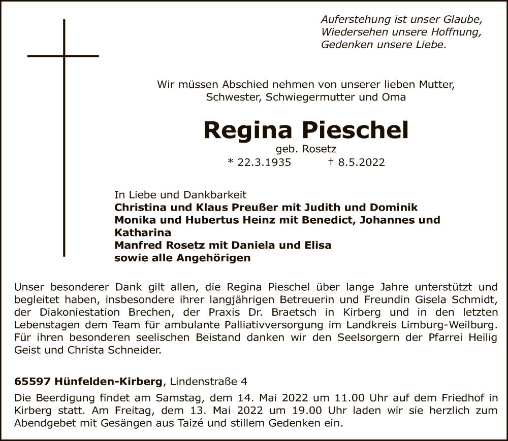  Traueranzeige für Regina Pieschel vom 12.05.2022 aus FNP