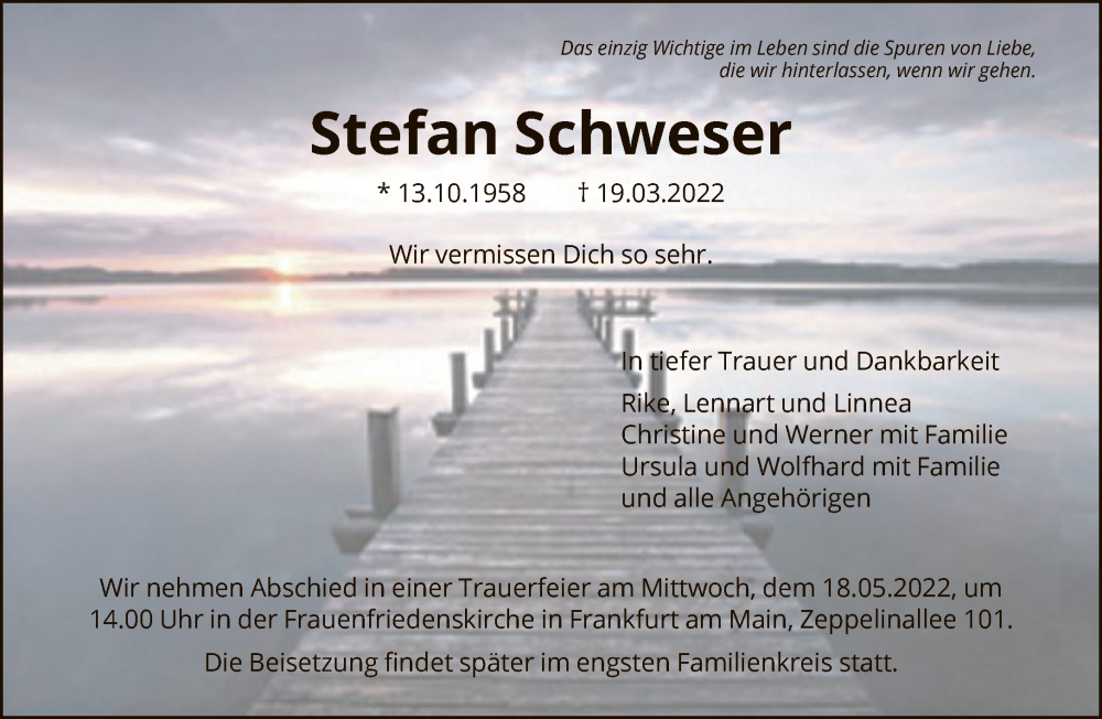  Traueranzeige für Stefan Schweser vom 14.05.2022 aus FNP