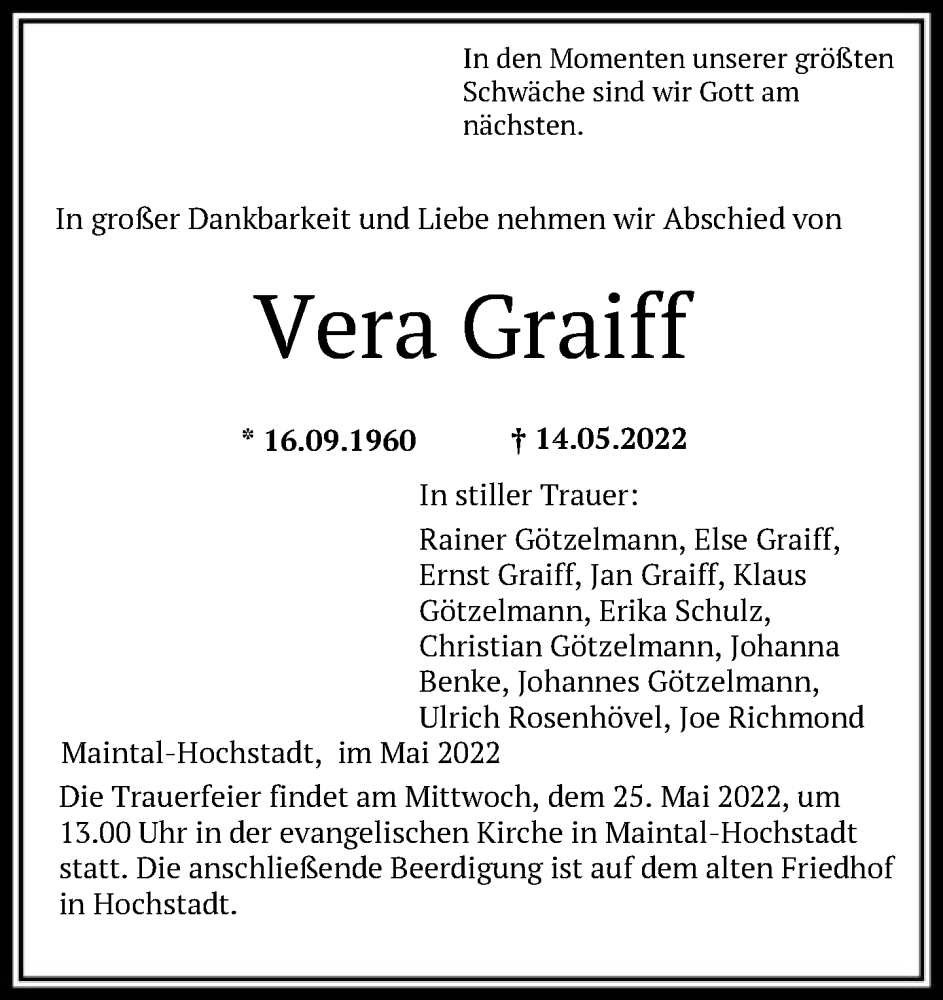  Traueranzeige für Vera Graiff vom 21.05.2022 aus FNP