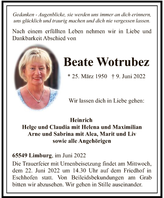 Traueranzeige von Beate Wotrubez von FNP