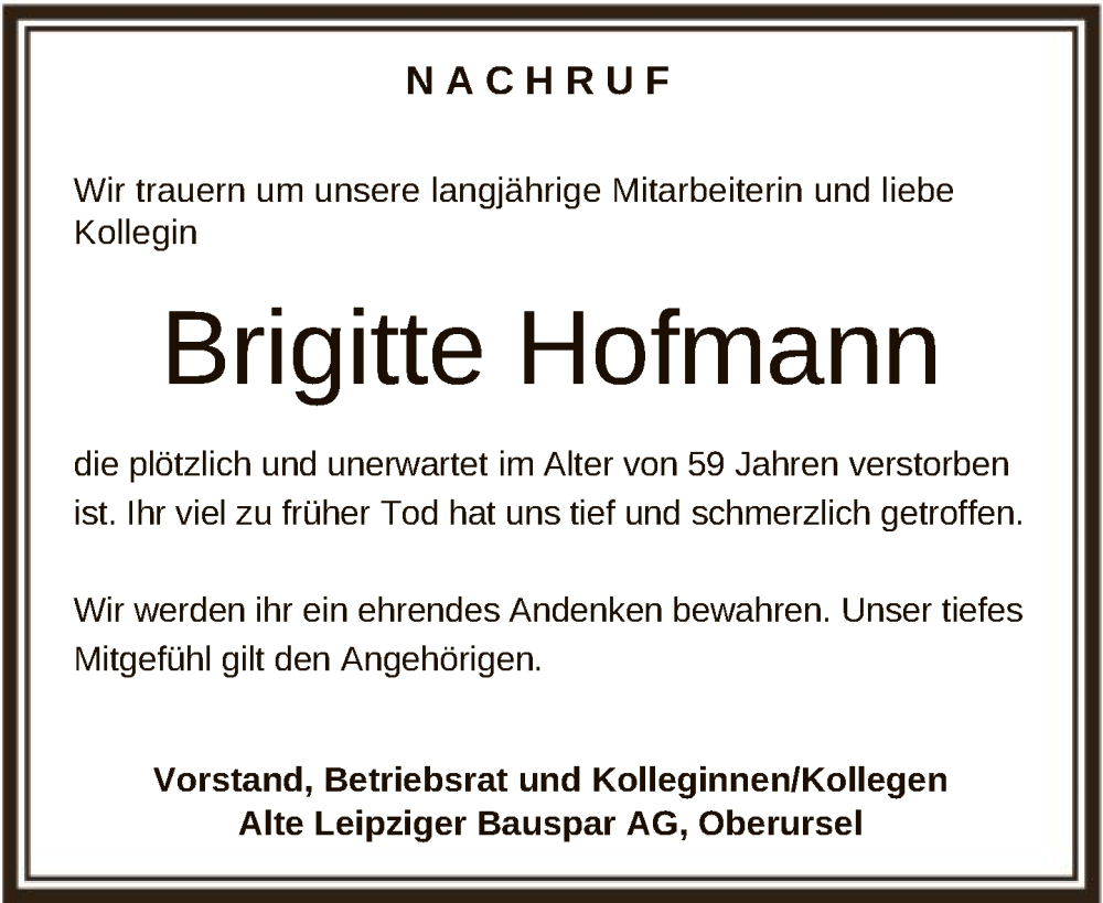  Traueranzeige für Brigitte Hofmann vom 25.06.2022 aus FNP