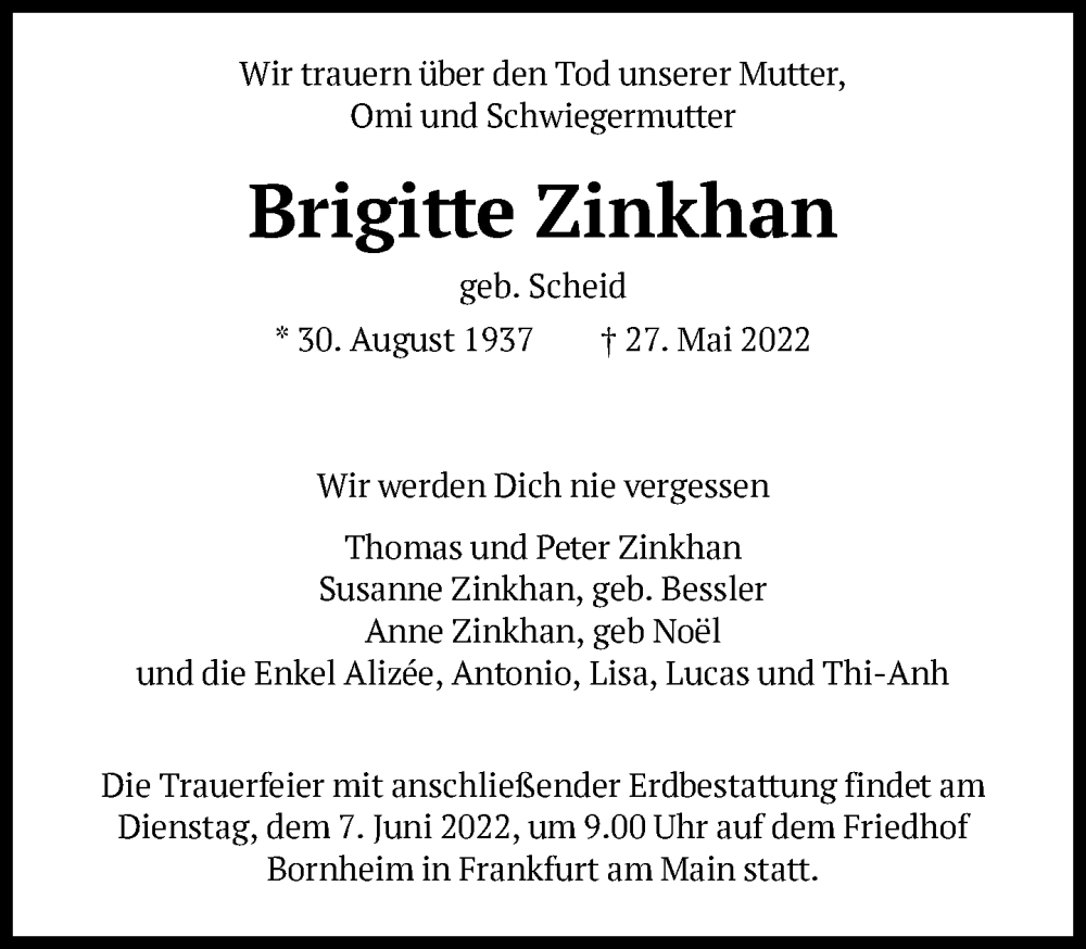  Traueranzeige für Brigitte Zinkhan vom 04.06.2022 aus FNP