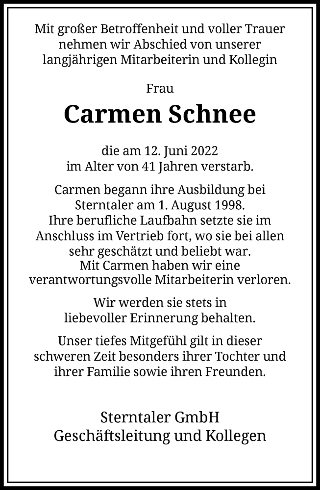  Traueranzeige für Carmen Schnee vom 18.06.2022 aus FNP