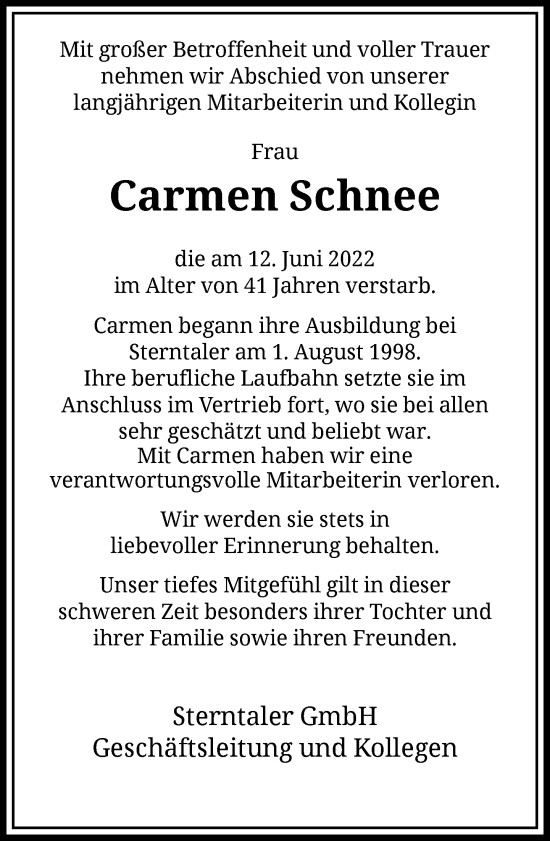 Traueranzeige von Carmen Schnee von FNP