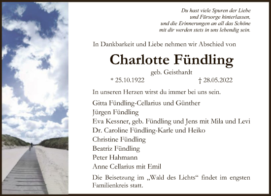 Traueranzeige von Charlotte Fündling von FNP