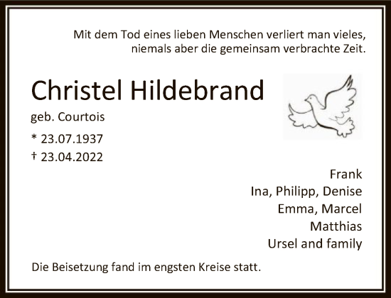 Traueranzeige von Christel Hildebrand von FNP