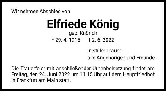 Traueranzeige von Elfriede König von FNP