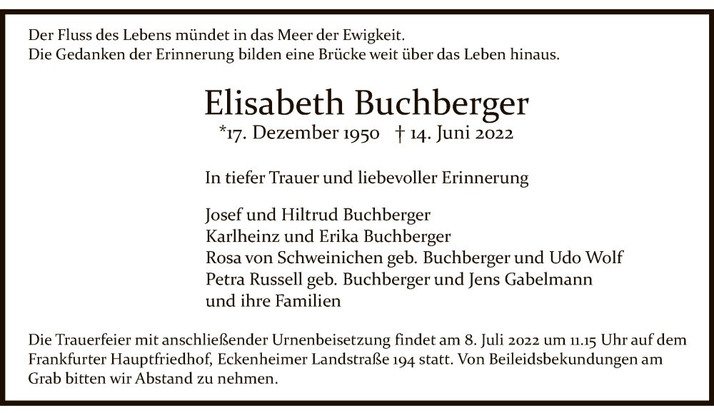  Traueranzeige für Elisabeth Buchberger vom 25.06.2022 aus FNP
