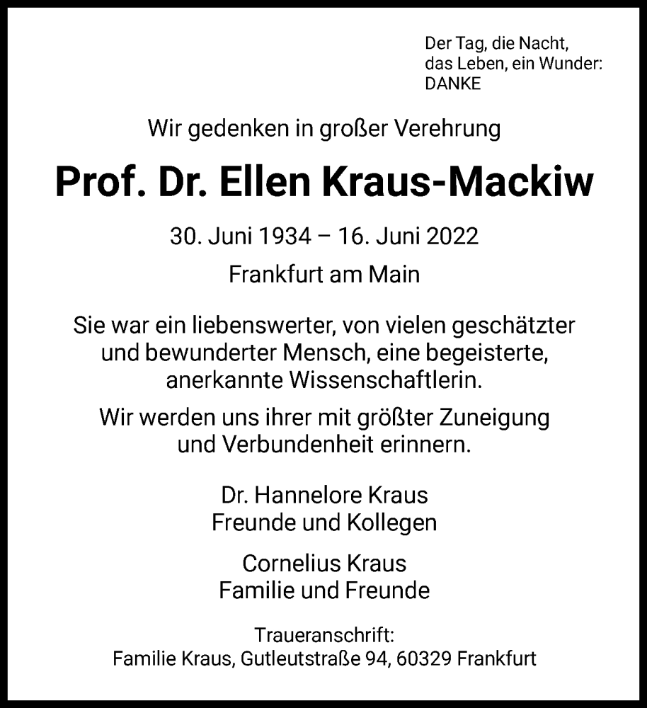 Traueranzeige für Ellen Kraus-Mackiw vom 21.06.2022 aus FNP