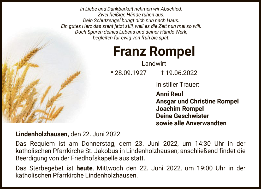  Traueranzeige für Franz Rompel vom 22.06.2022 aus FNP