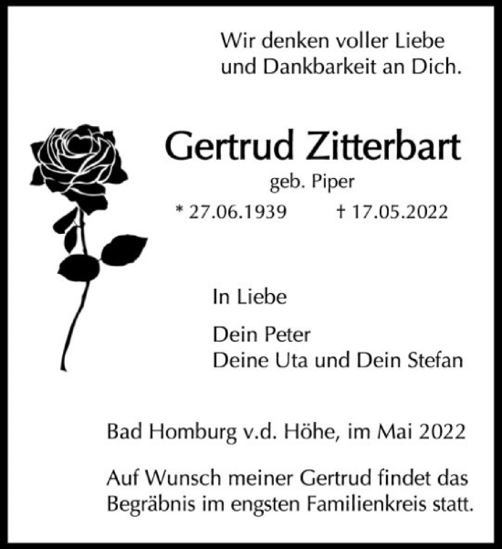 Traueranzeige von Gertrud Zitterbart von FNP