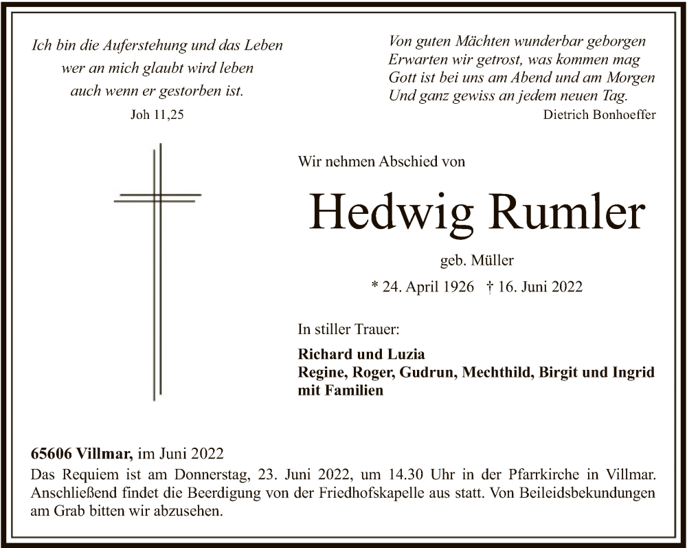  Traueranzeige für Hedwig Rumler vom 18.06.2022 aus FNP