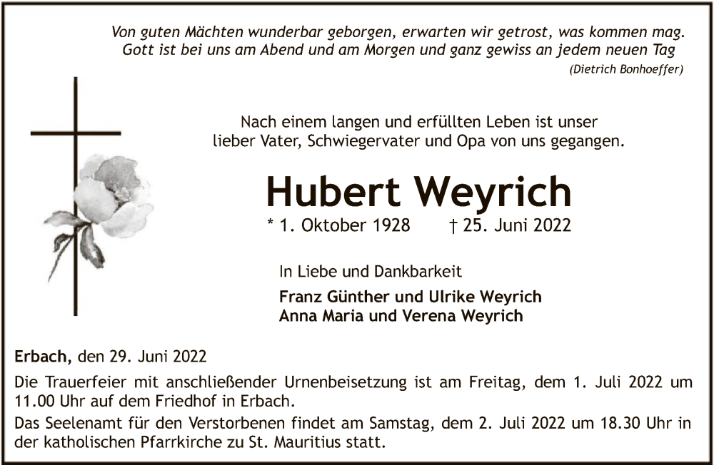  Traueranzeige für Hubert Weyrich vom 29.06.2022 aus FNP