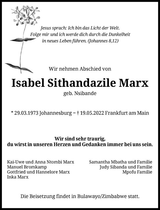 Traueranzeige von Isabel Sithandazile Marx von FNP