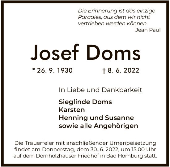 Traueranzeige von Josef Doms von FNP