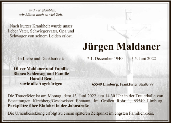 Traueranzeige von Jürgen Maldaner von FNP