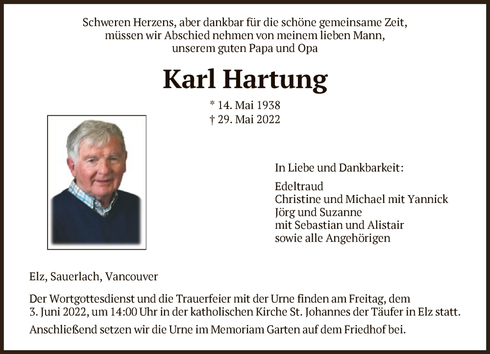  Traueranzeige für Karl Hartung vom 01.06.2022 aus FNP