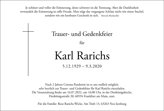 Traueranzeige von Karl Rarichs von FNP