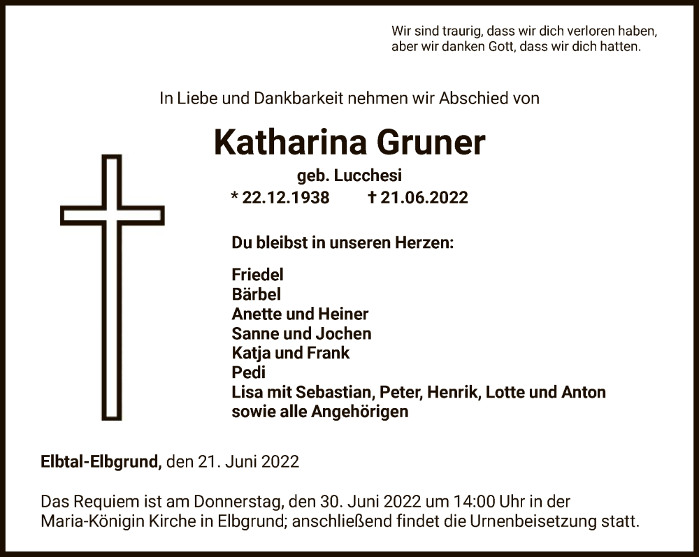  Traueranzeige für Katharina Gruner vom 28.06.2022 aus FNP
